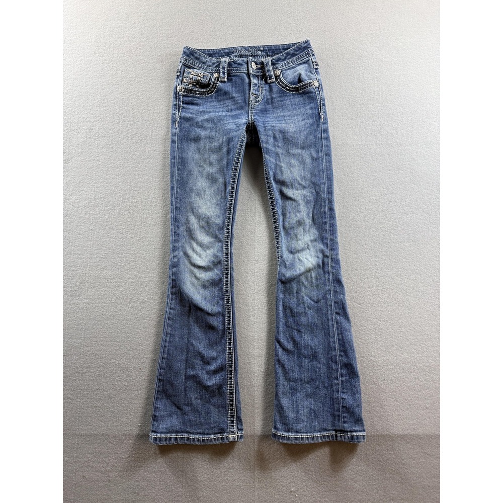 Miss Me Bootcut Jeans Womens 26 Blue Embroidered Rhinestone Fleur-De-Lis
